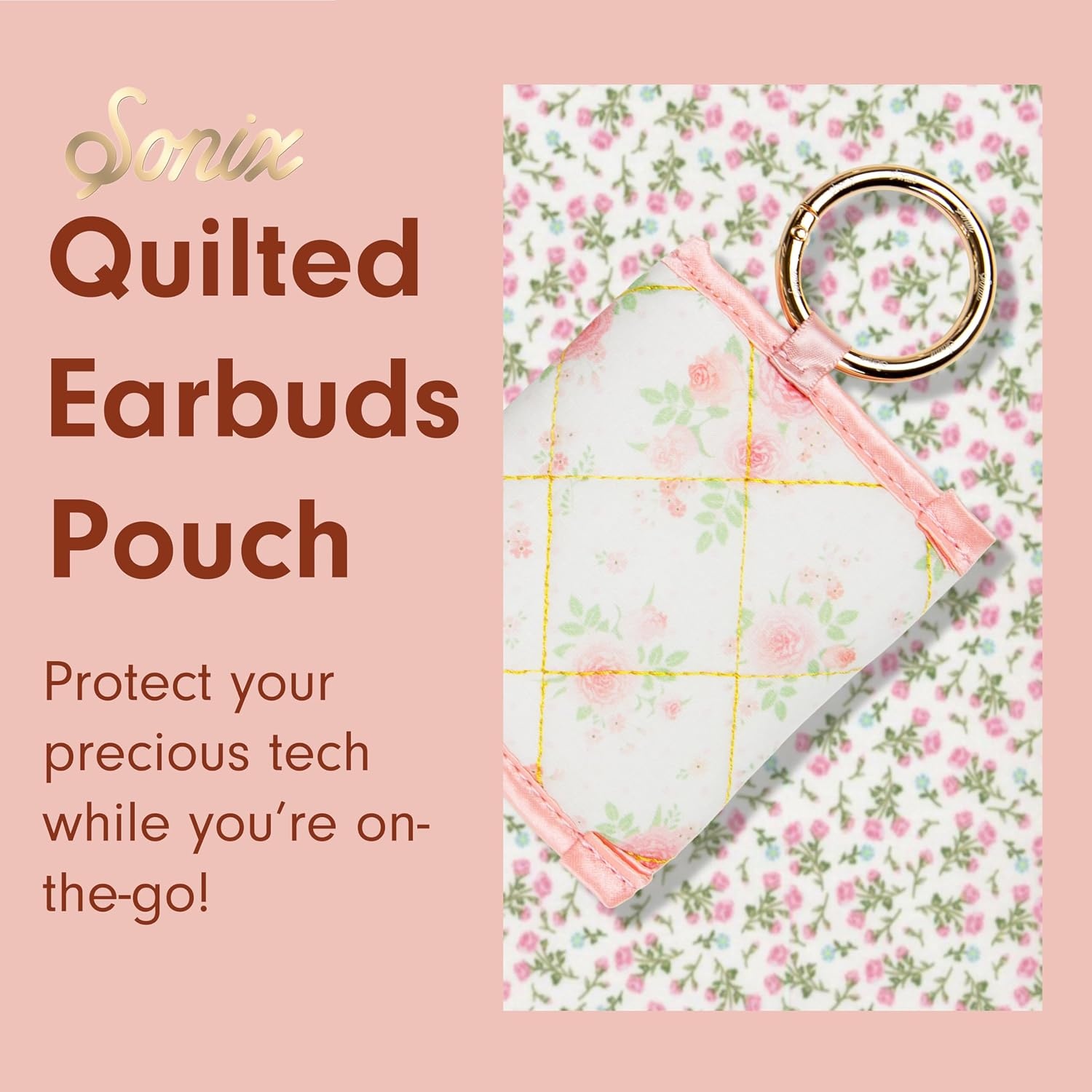 image:imageSonix Quilted Earbud Pouch  Premium Cotton Bag Charm for AirPods Keychain Storage Case Cover with Carabiner Ring  Red MonchhichiPatchwork Cottage