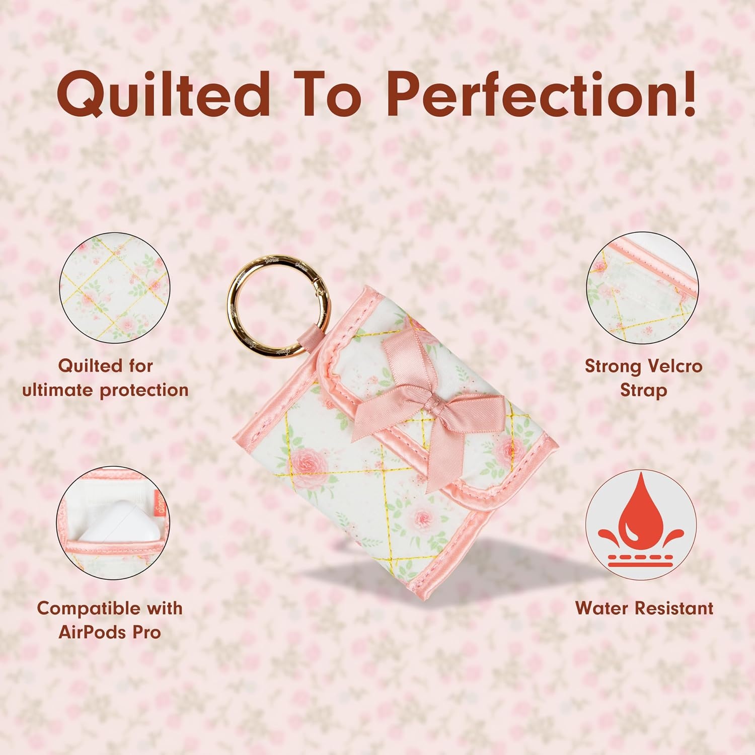 image:imageSonix Quilted Earbud Pouch  Premium Cotton Bag Charm for AirPods Keychain Storage Case Cover with Carabiner Ring  Red MonchhichiPatchwork Cottage