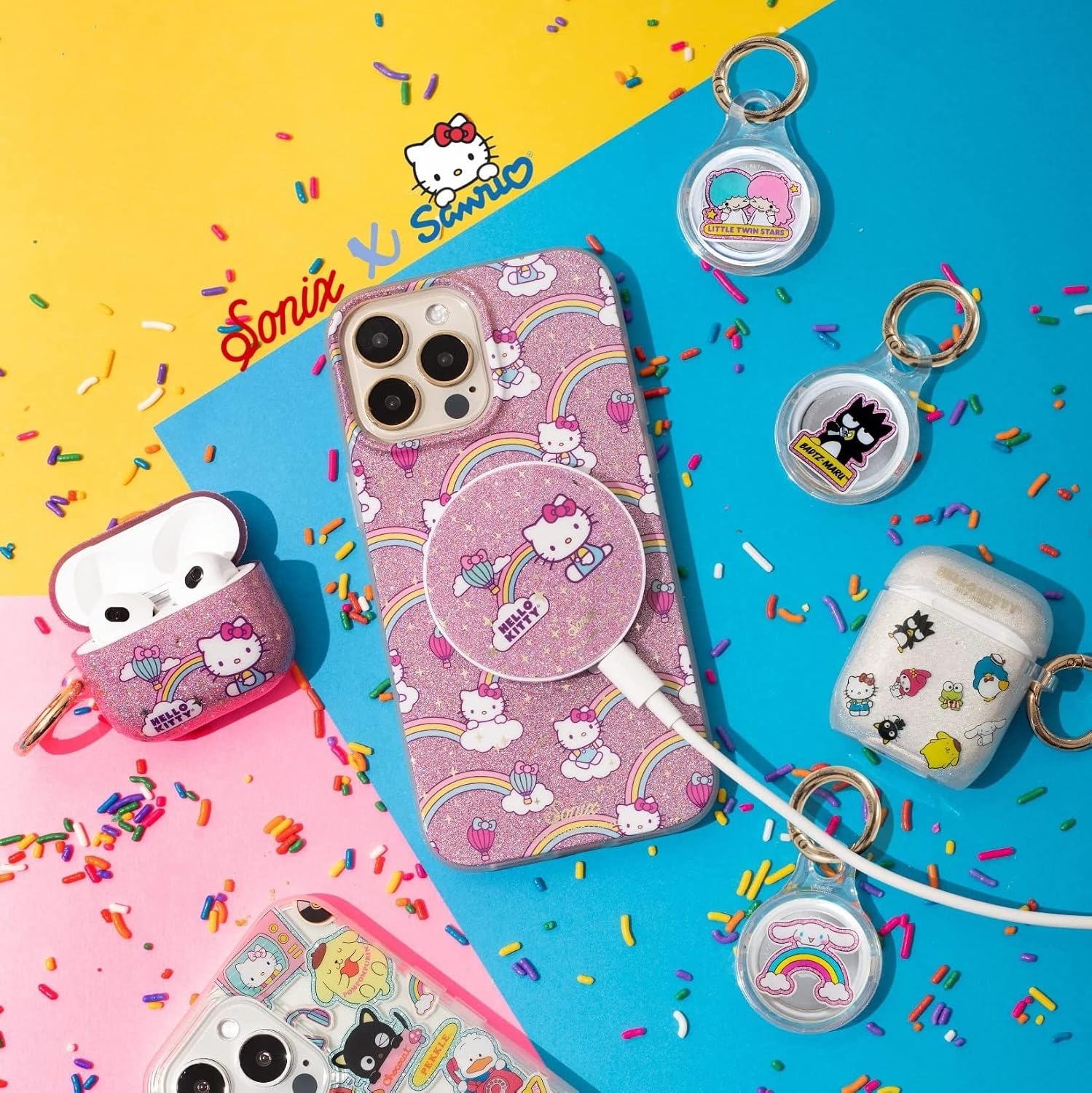 image:imageSonix x Sanrio Cases for Apple AirTags with Keychain  Hello Kitty amp Friends Sticker Party Cinnamoroll Pochacco BadtzMaru and Little Twin Stars 4PackSanrio  Sticker Party