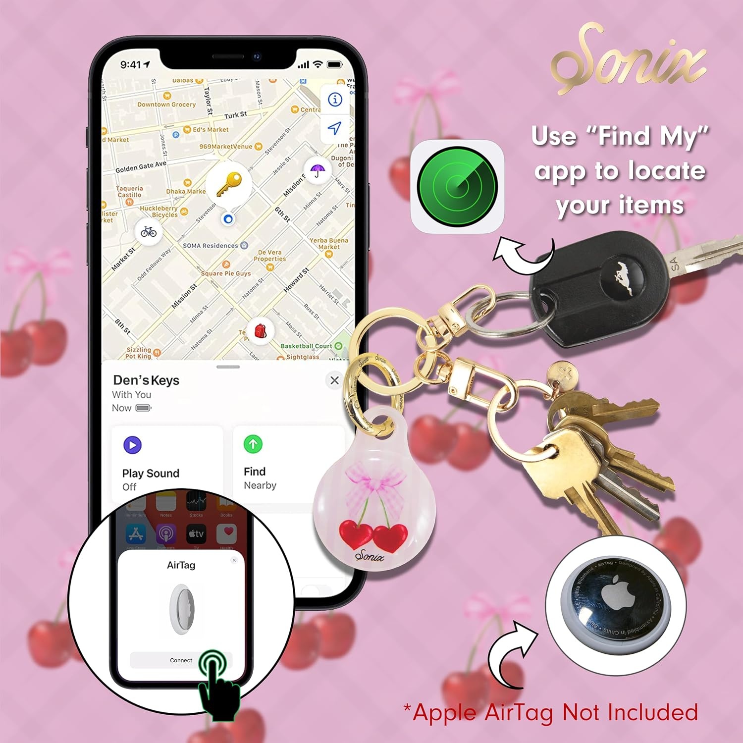 image:imageSonix Cases for Apple AirTags with Gold Carabiner  AirTag Hard Cover Protective Case  AirTag Holder Keychain  Jelly ApricotCherry Love