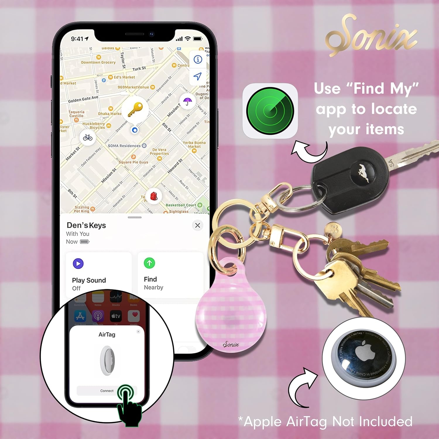image:imageSonix Cases for Apple AirTags with Gold Carabiner  AirTag Hard Cover Protective Case  AirTag Holder Keychain  Jelly ApricotGingham Pink