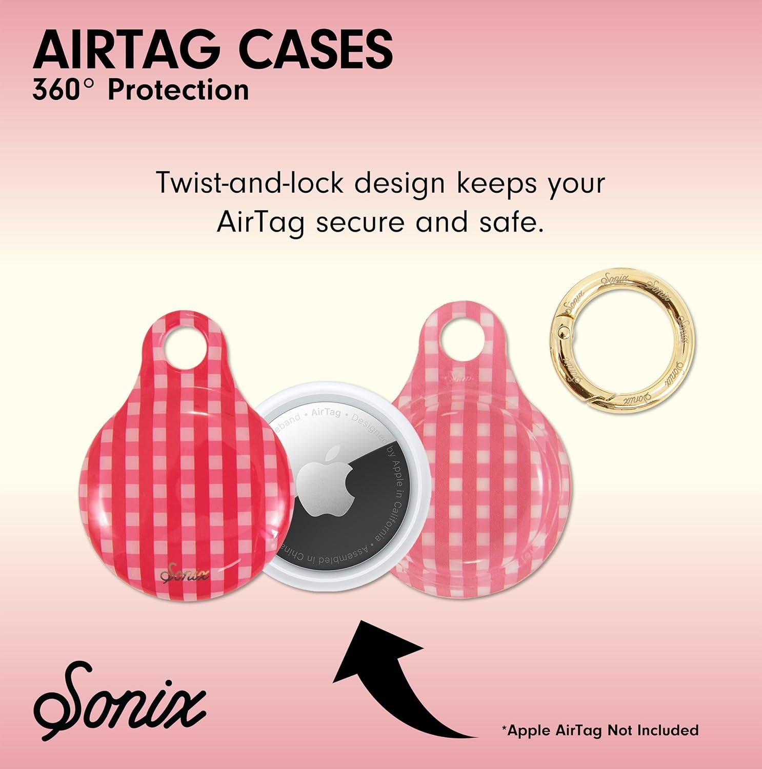 image:imageSonix Cases for Apple AirTags with Gold Carabiner  AirTag Hard Cover Protective Case  AirTag Holder Keychain  Jelly ApricotGingham Red
