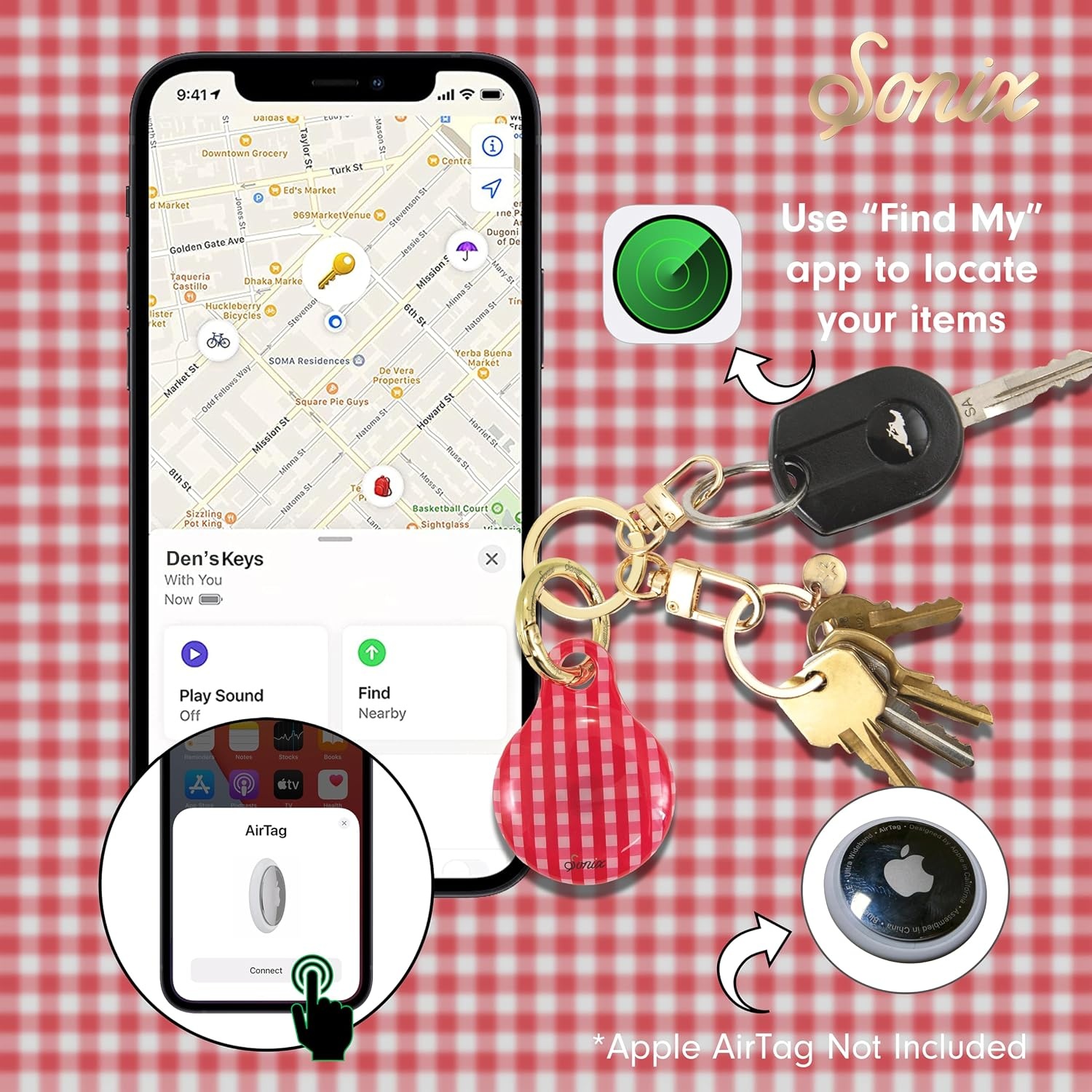 image:imageSonix Cases for Apple AirTags with Gold Carabiner  AirTag Hard Cover Protective Case  AirTag Holder Keychain  Jelly ApricotGingham Red