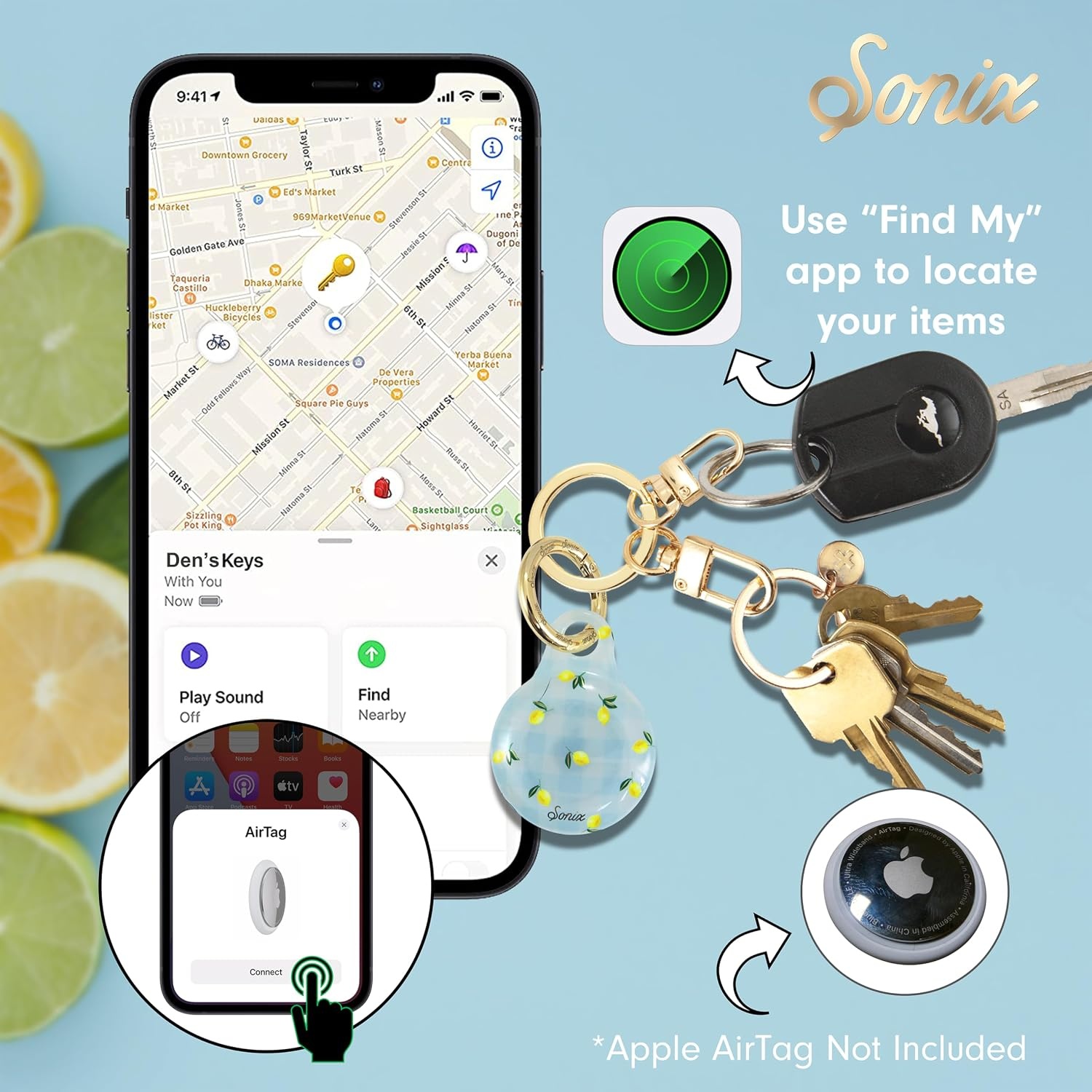 image:imageSonix Cases for Apple AirTags with Gold Carabiner  AirTag Hard Cover Protective Case  AirTag Holder Keychain  Jelly ApricotLemon Gingham