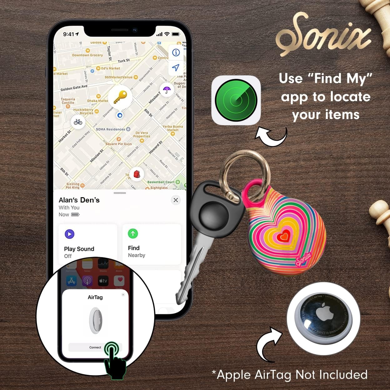 image:imageSonix Cases for Apple AirTags with Gold Carabiner  AirTag Hard Cover Protective Case  AirTag Holder Keychain  Jelly ApricotRainbow Heart
