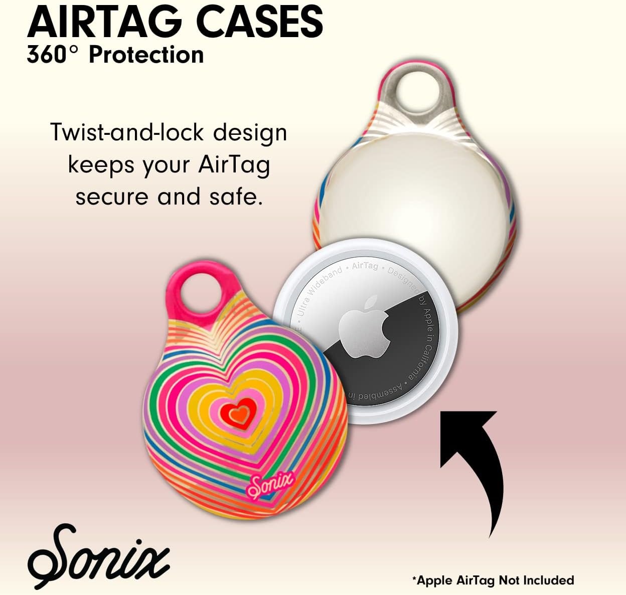 image:imageSonix Cases for Apple AirTags with Gold Carabiner  AirTag Hard Cover Protective Case  AirTag Holder Keychain  Jelly ApricotRainbow Heart