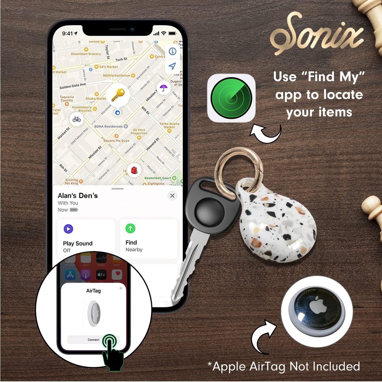 image:imageSonix Cases for Apple AirTags with Gold Carabiner  AirTag Hard Cover Protective Case  AirTag Holder Keychain  Jelly ApricotTerazzo Print  Confetti