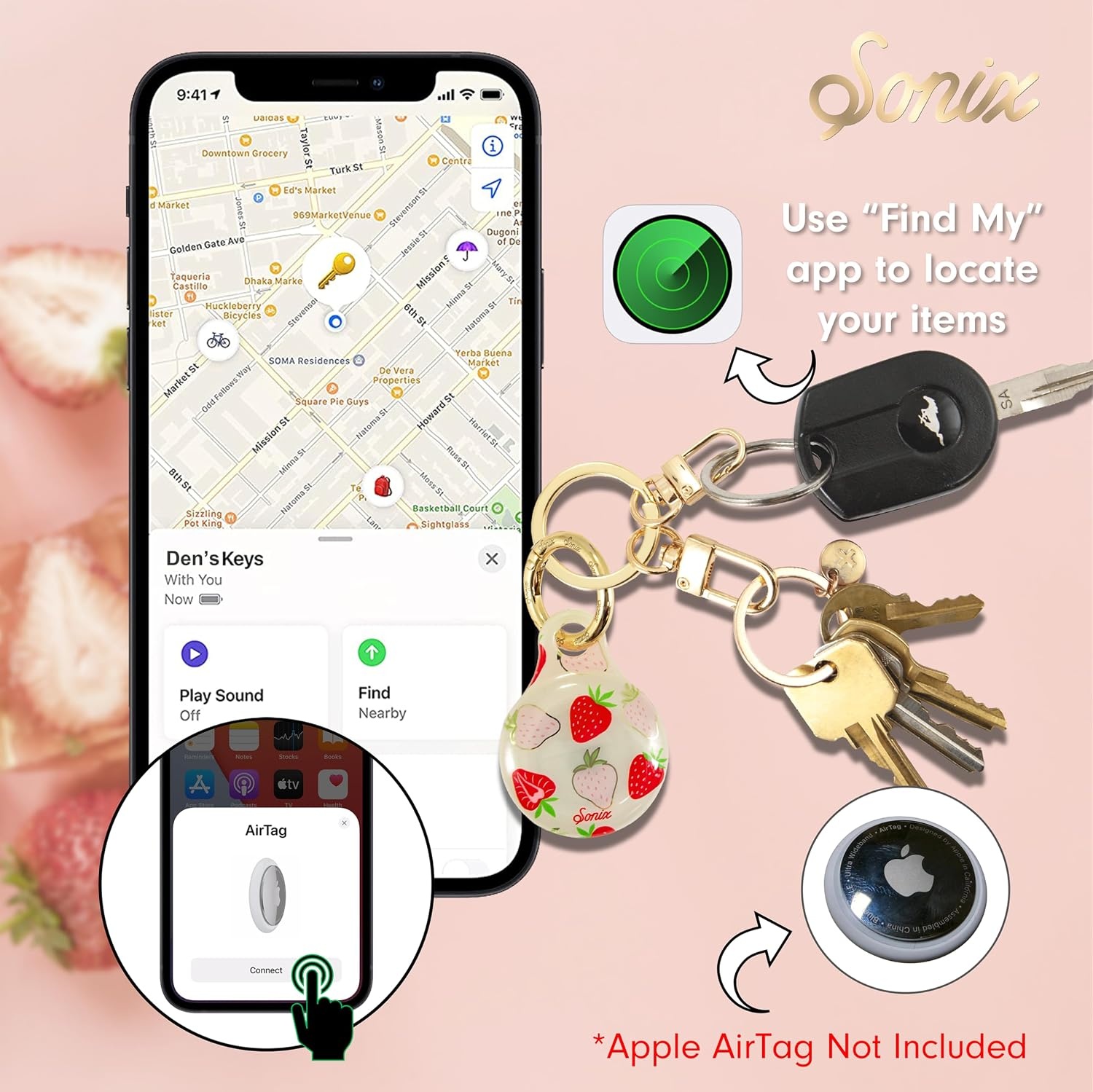 image:imageSonix Cases for Apple AirTags with Gold Carabiner  AirTag Hard Cover Protective Case  AirTag Holder Keychain  Jelly ApricotWild Strawberries